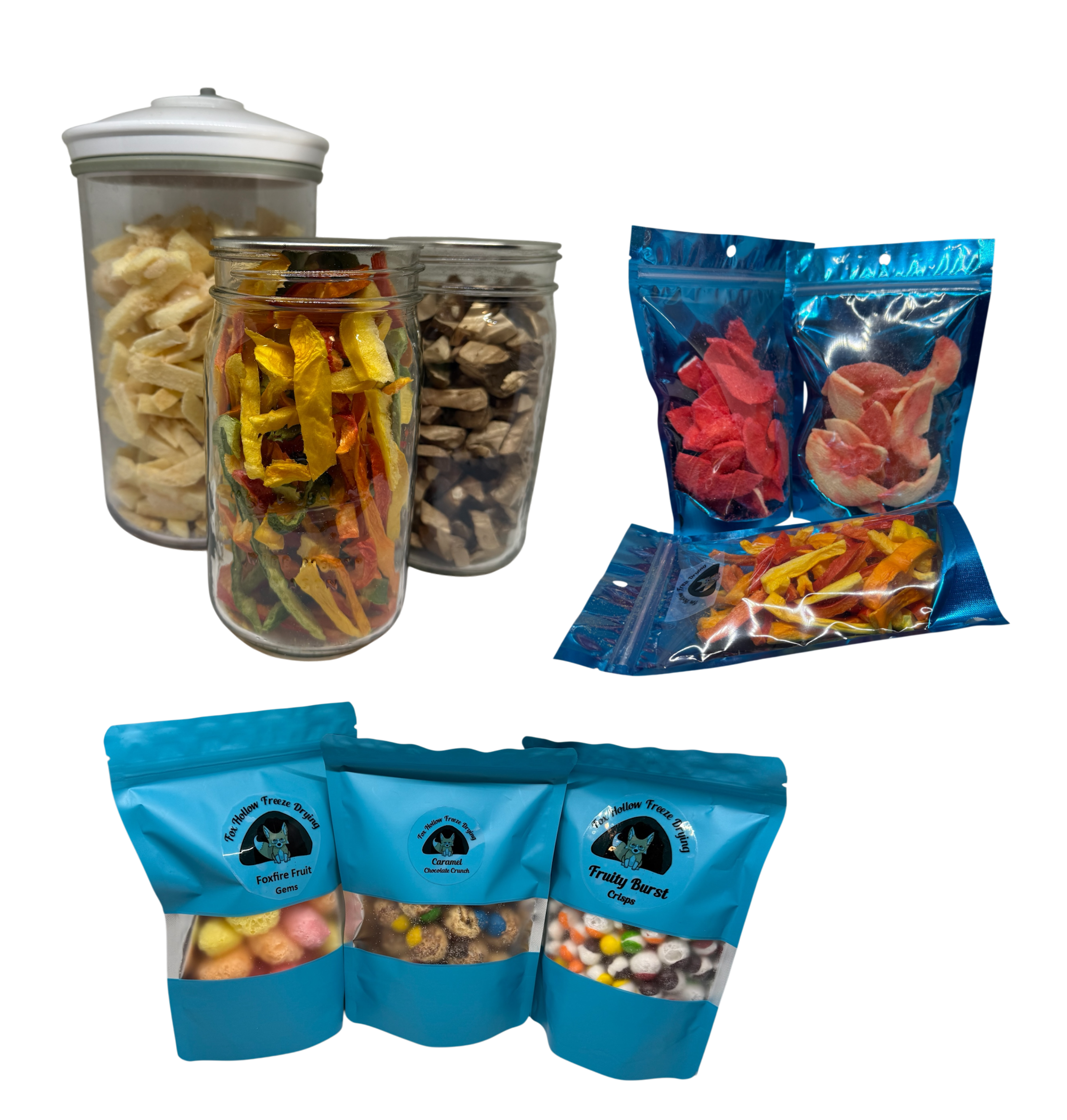 freeze dried foods in jars and bags