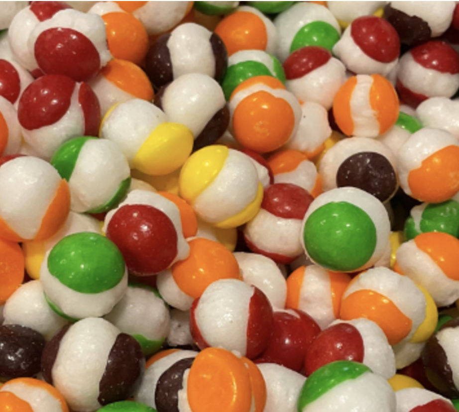 Skittles close up after freeze drying